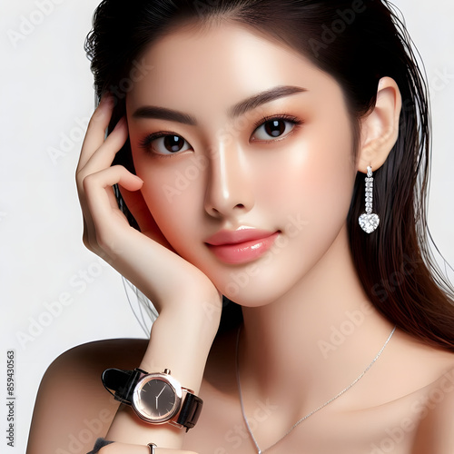 Asian woman Beautiful smart healthy with little smaile with a round face clean and white fresh skin, face care photo