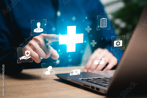 Healthcare insurance, Virtual medical network connection concept, Businesswomen touch plus icon for the healthcare medical, Their healthcare, Treatment, Hospital, Expenses from illness, telemedicine photo