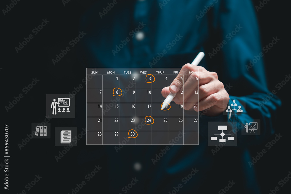 Business Planning Calendar Agenda work schedule concept, Businesswomen use pen marks on virtual screen calendar, Customer meeting plans, Organize schedules, Workflow, Work time management Business Planning Calendar Agenda work schedule concept, Businesswomen use pen marks on virtual screen calendar, Customer meeting plans, Organize schedules, Workflow, Work time management