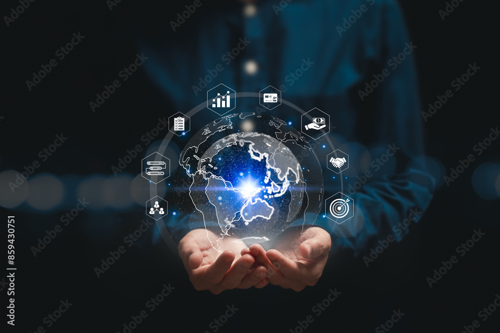 Global business network connection on social networking and customer data analytics concept, Businesswoman holding global icon, Business management smart intelligence, Digital marketing, International