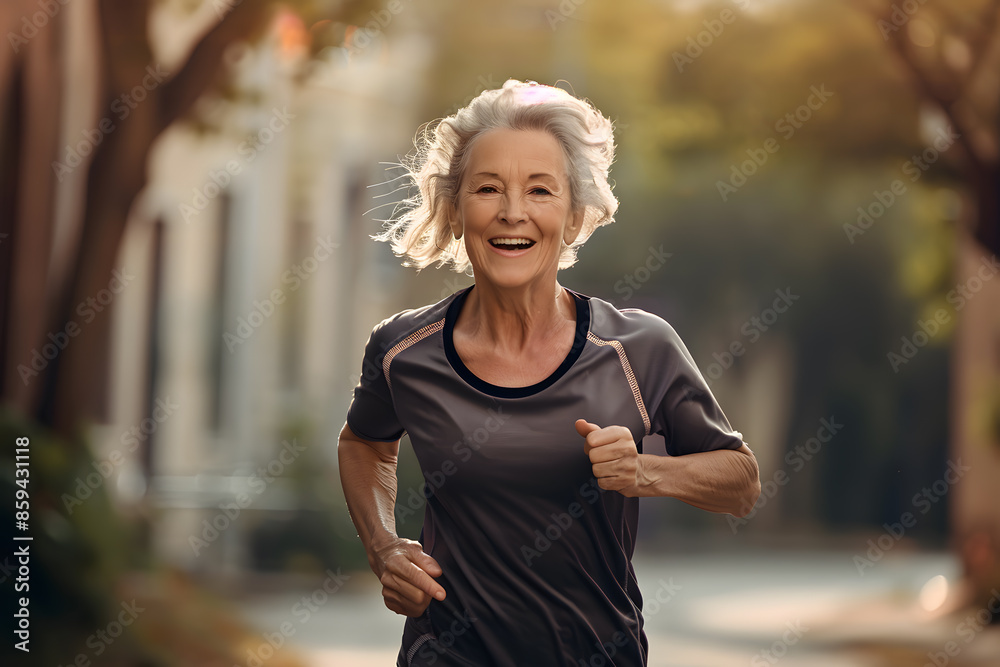 Happy Elderly woman jogging in the street Happy Elderly woman jogging in the street