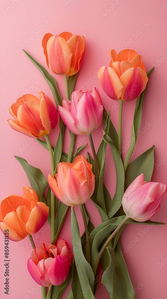 Fototapeta premium pink and orange tulips on a pink background