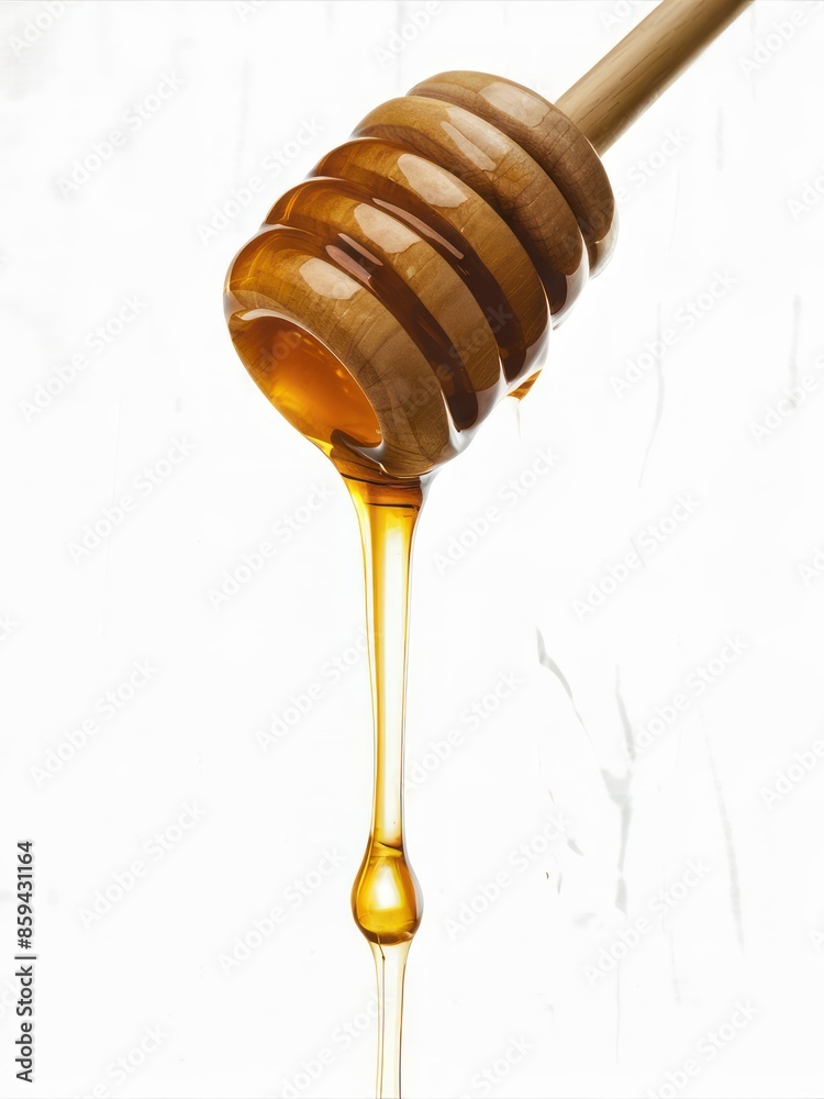 Golden Honey Dripping from Wooden Dipper - Close-Up of Sweet, Organic Syrup Flowing in a Smooth Stream - Generative ai