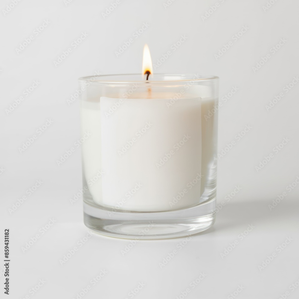 Elegant White Candle in Glass Holder with Flame - Minimalist Home Decor and Aromatherapy Mockup - Generative ai 
