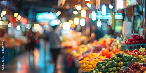 Vibrant Market Scene with Colorful Produce Stalls and Blurred Background Sets a Lively Ambiance. Concept Market Scene, Colorful Produce Stalls, Lively Ambiance, Blurred Background