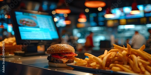 Selfservice screen at fast food restaurant showing blank display touch screen. Concept Fast Food Technology, Self-Service Kiosk, Digital Ordering, Touch Screen Interface, Customer Experience photo