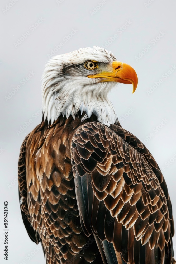A close-up view of a bald eagle's face with a cloudy sky in the background