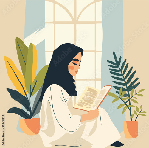 illustration of  a woman wearing a hijab reading a book in front of a window, surrounded by plants.