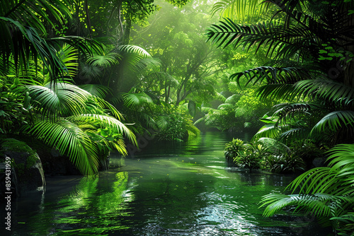 A lush, green rainforest with a river running through it, the water sparkling under the dappled sunlight filtering through the canopy