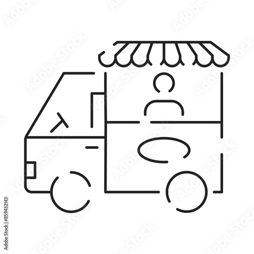 Street food truck line icon. Trade van. Mobile cafe car. Transport to cook and sell meals. Vector illustration