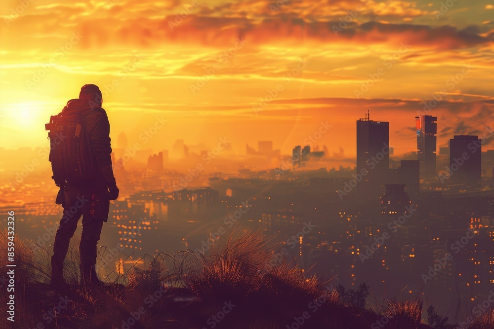 A person standing at the top of a hill, wearing a backpack and enjoying the view A person standing at the top of a hill, wearing a backpack and enjoying the view