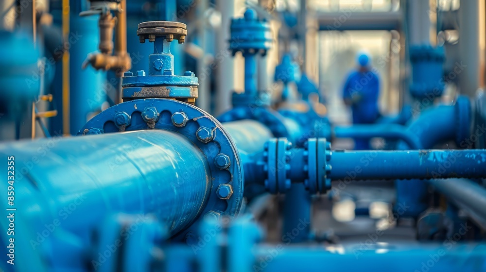 A collection of blue pipes interlinked in a factory setting A collection of blue pipes interlinked in a factory setting