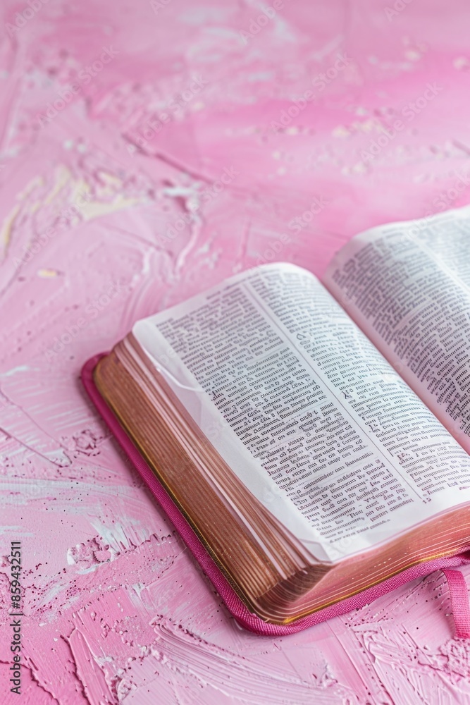 Fototapeta premium A person reads from an open book placed on a bright pink table