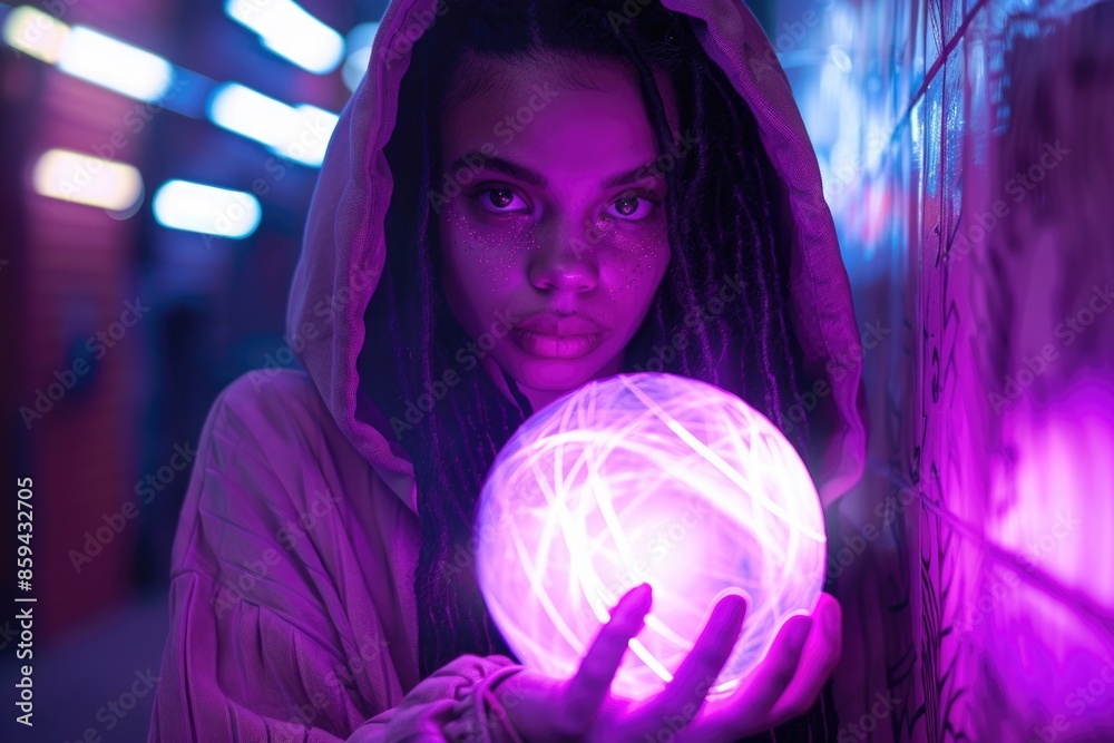 Naklejka premium A woman holds a radiant sphere in her hands