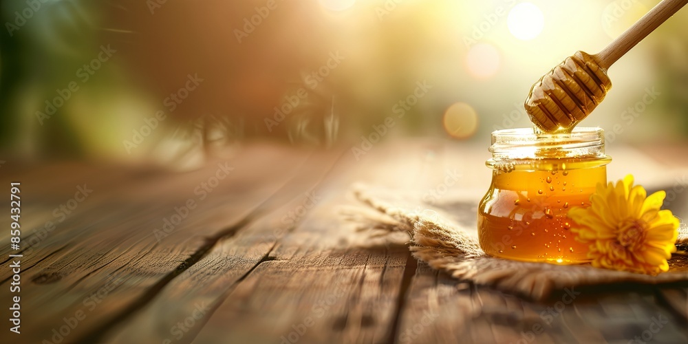 Honey with wooden honey dipper on wooden table, copy space Honey with wooden honey dipper on wooden table, copy space