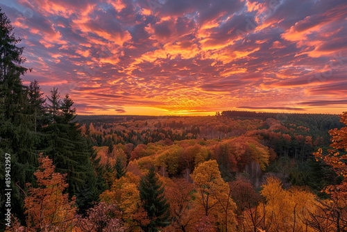 A magical autumn sunset over a forest, with the sky painted in warm hues of orange and pink, and the trees glowing with fall colors.