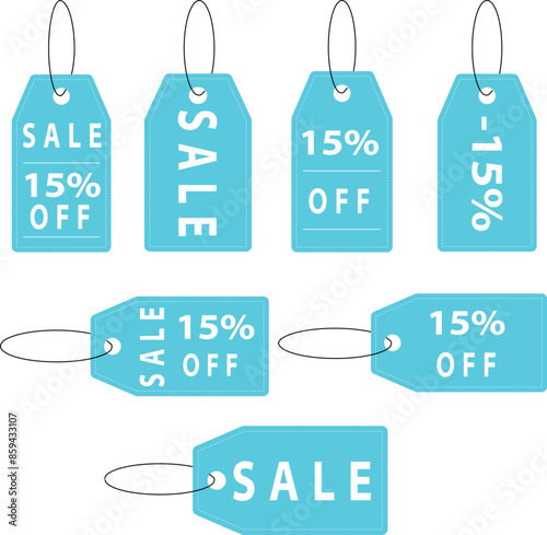 Bright blue sale tags with bold white text showcasing a 15% discount,perfect for enhancing your marketing and retail advertising materials.Ideal for sales events,clearances, special offers, promotions