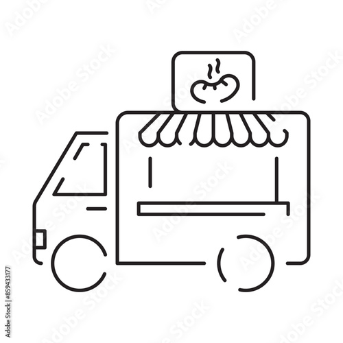 Street food truck line icon. Trade van. Mobile cafe car. Transport to cook and sell meals. Vector illustration