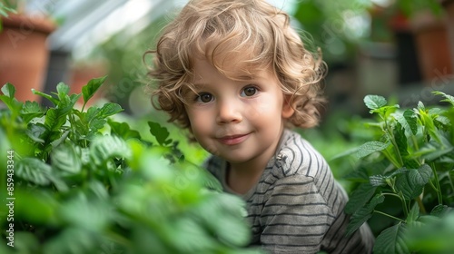 A happy child with curly hair is seen amongst lush green plants inside a greenhouse, indicating an appreciation for natural beauty and innocence in a vibrant environment.