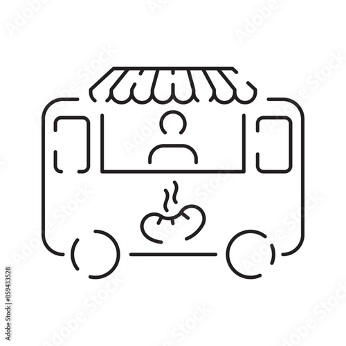 Street food truck line icon. Trade van. Mobile cafe car. Transport to cook and sell meals. Vector illustration