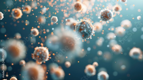 Microscopic view of virus particles in a fluid environment, representing scientific research, infection, and disease study.