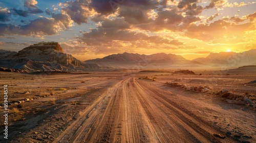A long, dusty dirt road stretching across the open desert landscape
