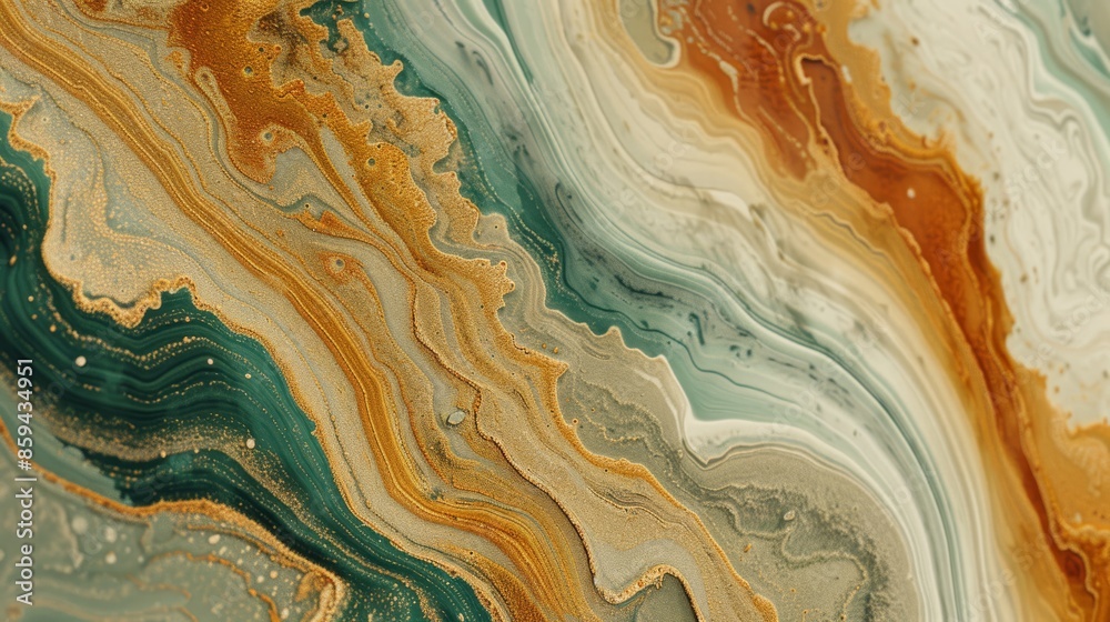 Abstract image with swirling patterns in green, beige, and orange hues, resembling fluid acrylic art. Abstract image with swirling patterns in green, beige, and orange hues, resembling fluid acrylic art.