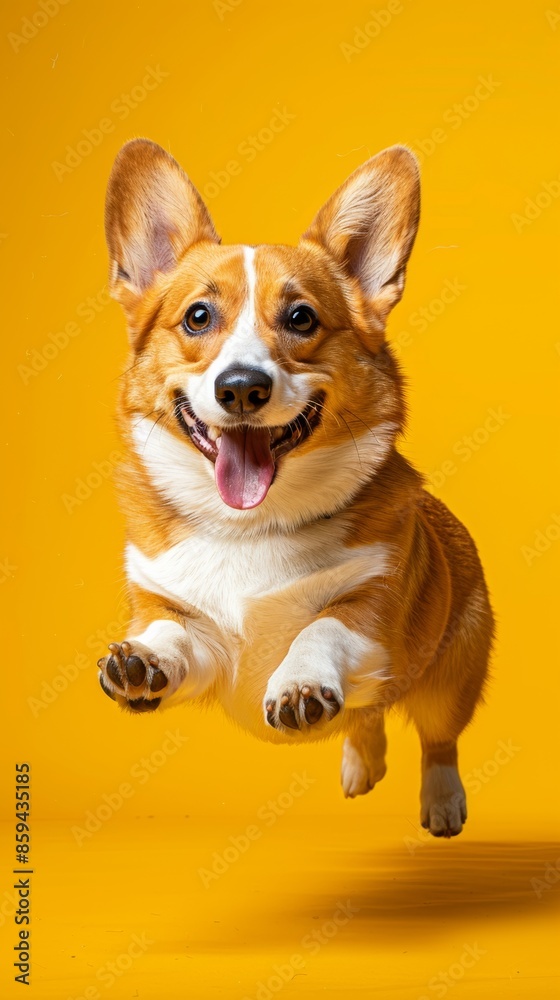 Joyful corgi dog leaping in the air, yellow background. Happy pet concept