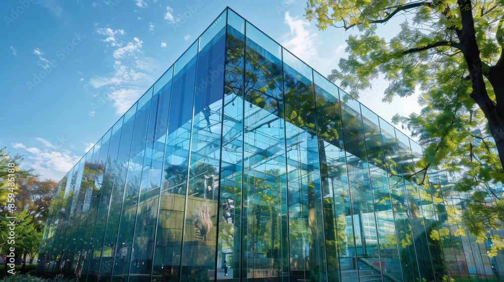 A glass museum with a unique design, housing a collection of modern art A glass museum with a unique design, housing a collection of modern art