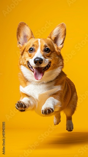 Obraz na płótnie Joyful corgi dog leaping in the air, yellow background. Happy pet concept w salonie