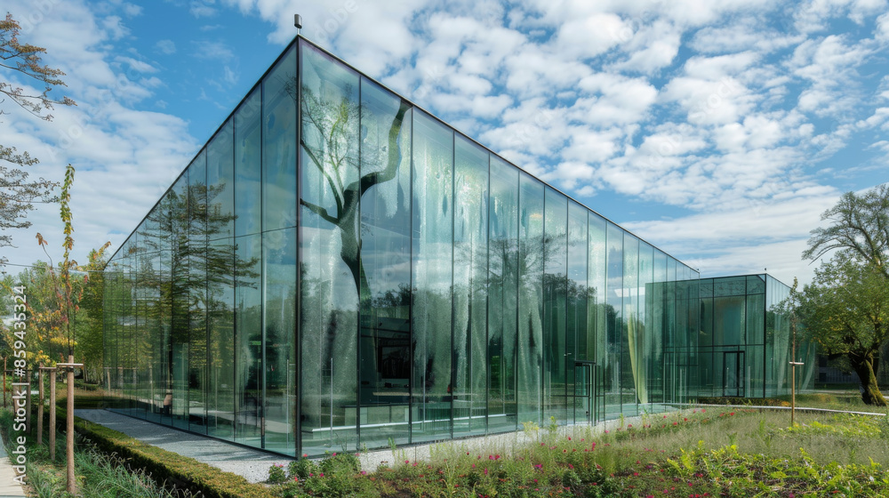 A glass museum with a unique design, housing a collection of modern art A glass museum with a unique design, housing a collection of modern art