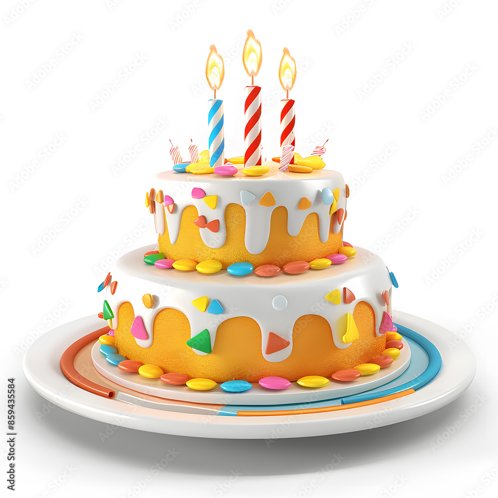3d cartoon birthday cake with candles on white plate, isolated on white background 3d cartoon birthday cake with candles on white plate, isolated on white background