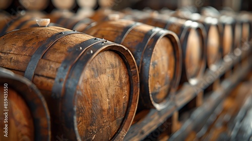 This image showcases a series of wooden barrels, carefully arranged in rows in a dimly lit cellar, creating a rustic and vintage atmosphere associated with wine or whiskey aging. photo