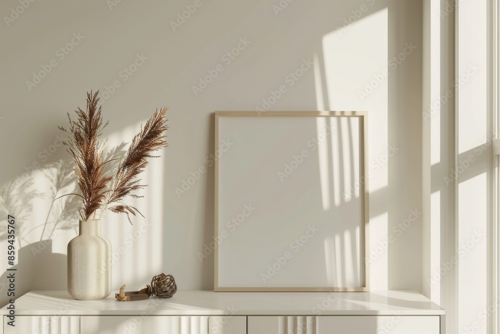 A picture frame sits next to a vase on a shelf, perfect for decorating your home or office A picture frame sits next to a vase on a shelf, perfect for decorating your home or office