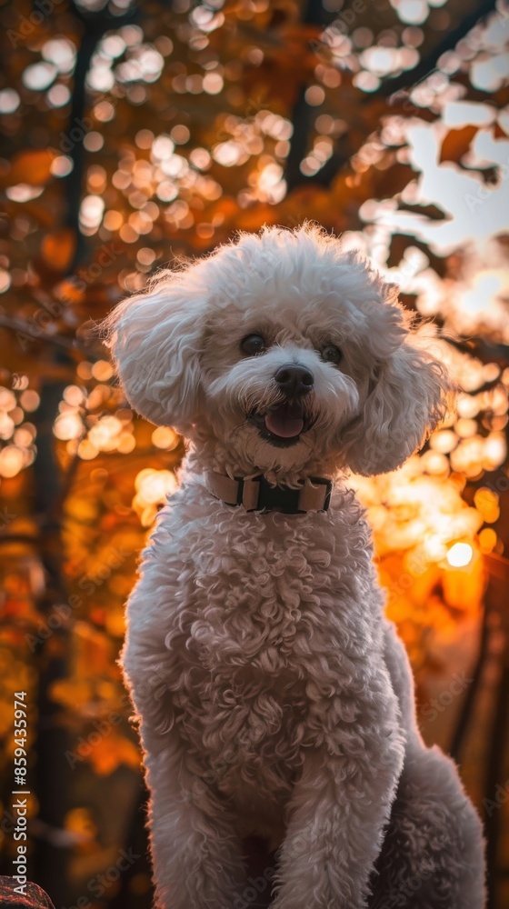 Cute white dog with curly fur in autumn forest at sunset, portrait. Pet and nature concept Cute white dog with curly fur in autumn forest at sunset, portrait. Pet and nature concept