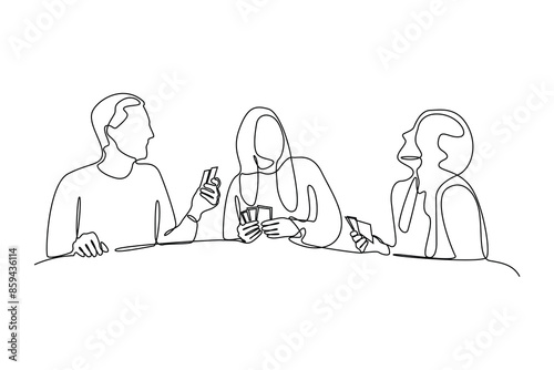 One continuous line drawing of meeting old friends while playing cards. Frienship, meet up, gathering. simple line.