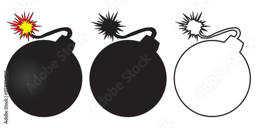 Set Of 3 Different Cartoon Round Black Bomb Explosive With Lit Fuze. Isolated On Transparent Background.