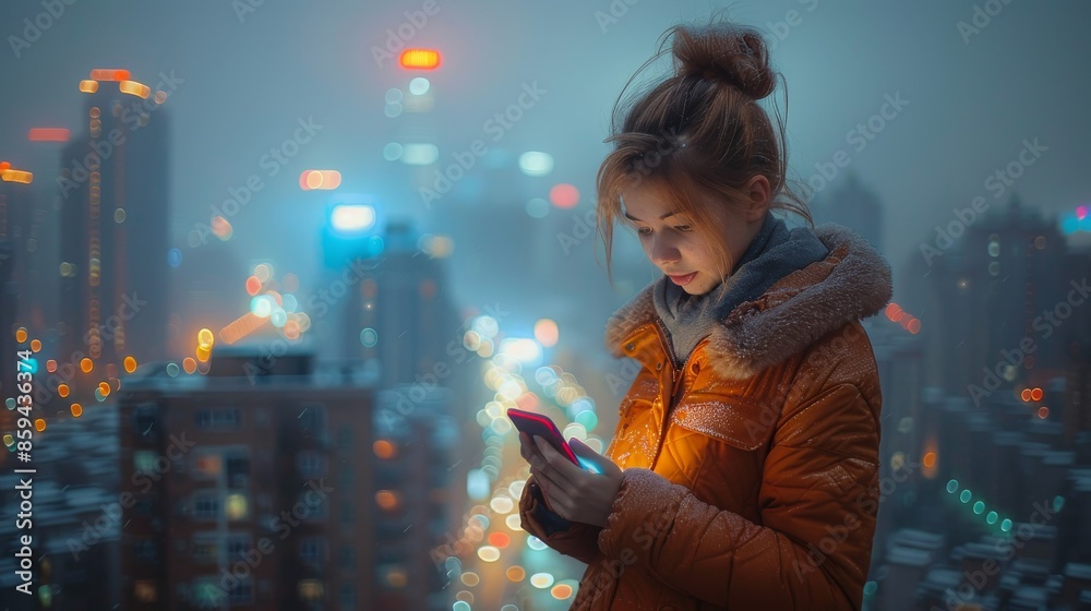 A young woman stands on a balcony in a cityscape at night, wearing an orange jacket and using a smartphone, with buildings and lights in the background. A young woman stands on a balcony in a cityscape at night, wearing an orange jacket and using a smartphone, with buildings and lights in the background.