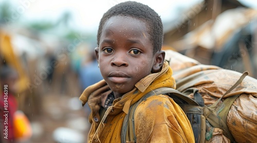 A young boy, clad in a raincoat and backpack, stares forward with a determined expression as raindrops fall around him, embodying resoluteness and endurance amidst hardship.