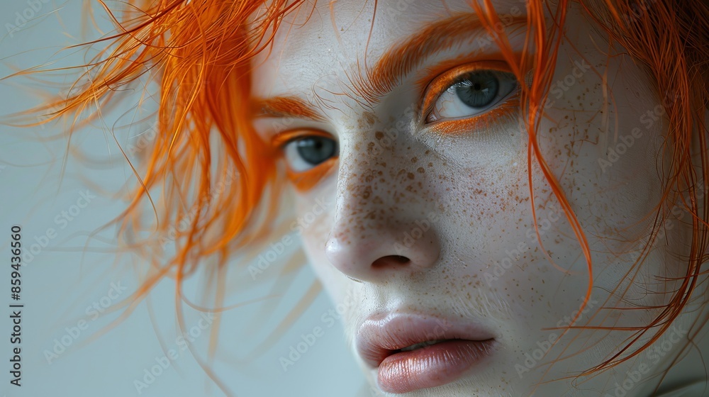 A detailed close-up of a person with striking, vibrant orange hair and prominent freckles, showcasing intense blue eyes and a focus on facial features and makeup artistry.
