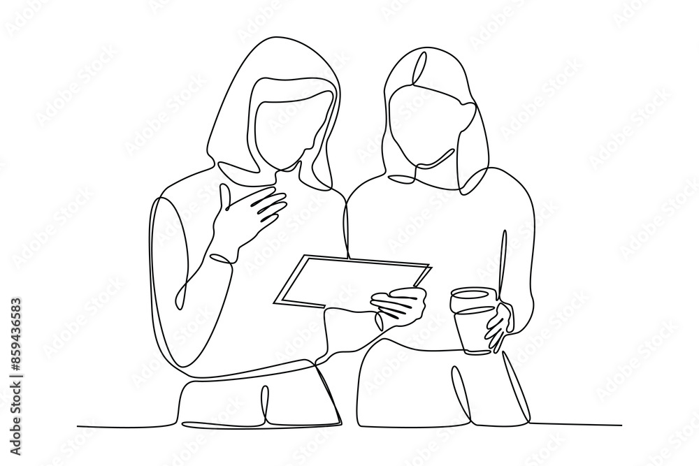 One continuous line drawing of two people meet over drinks and looking at the tab. Frienship, meet up, gathering. simple line.