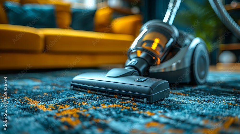 A vacuum cleaner is shown cleaning a blue carpet in a cozy and modern living room, emphasizing cleanliness and comfort, with a yellow sofa in the background. A vacuum cleaner is shown cleaning a blue carpet in a cozy and modern living room, emphasizing cleanliness and comfort, with a yellow sofa in the background.