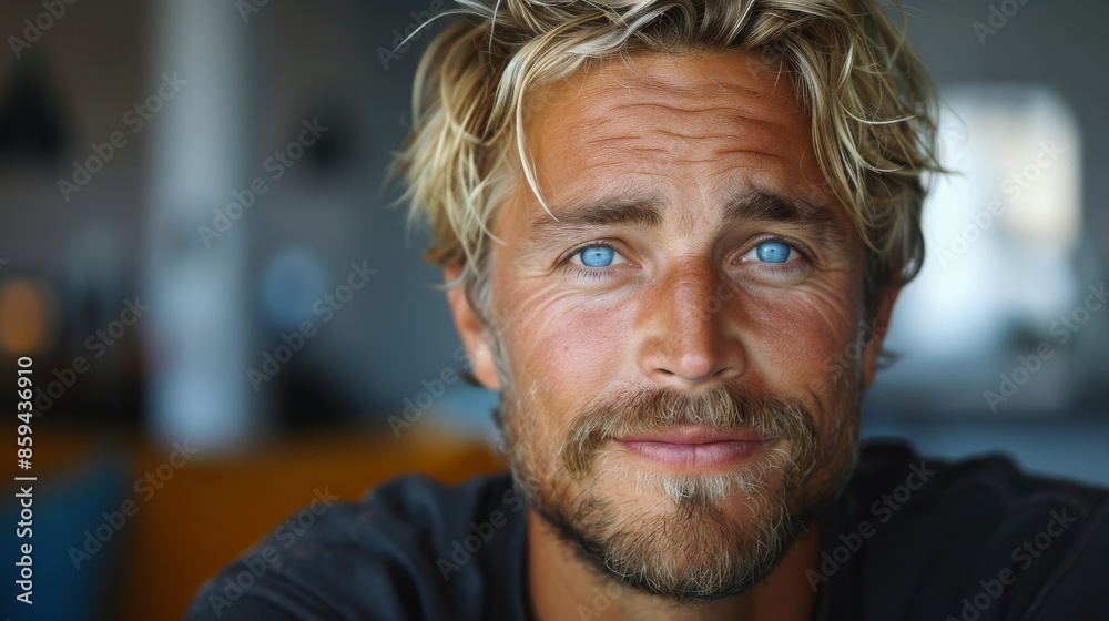 A close-up portrait of a man with bright blue eyes and wavy blonde hair, displaying a relaxed and friendly smile, capturing warmth and genuine contentment in a natural setting. A close-up portrait of a man with bright blue eyes and wavy blonde hair, displaying a relaxed and friendly smile, capturing warmth and genuine contentment in a natural setting.