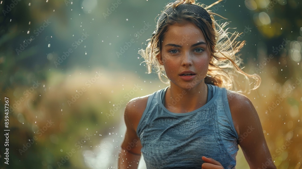 A young woman runs outdoors, demonstrating fitness and determination as she jogs through a natural setting with droplets suggesting a fresh and invigorating environment. A young woman runs outdoors, demonstrating fitness and determination as she jogs through a natural setting with droplets suggesting a fresh and invigorating environment.