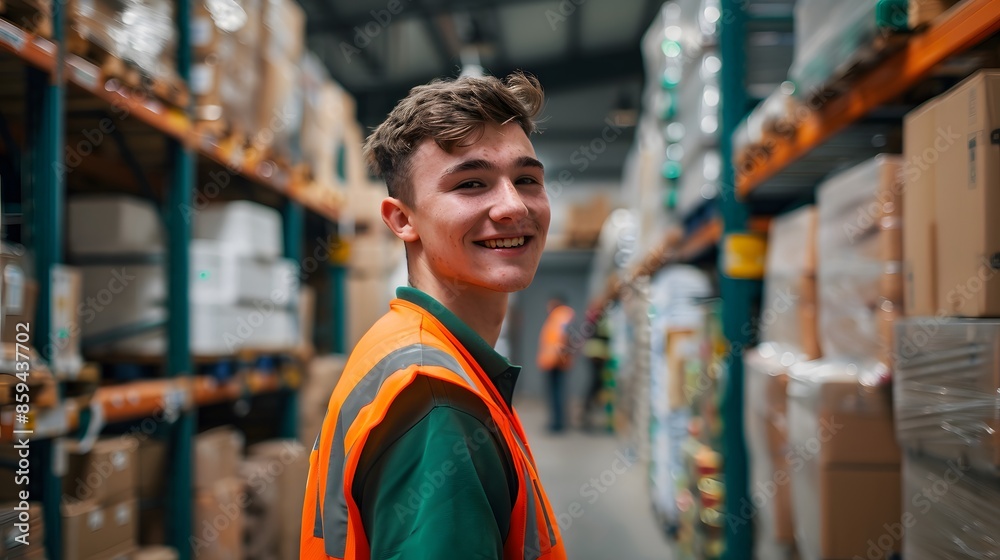 A smiling young man in an orange safety vest and green shirt stands inside the warehouse, surrounded by large boxes of goods ready for shipping to customers all over the world.