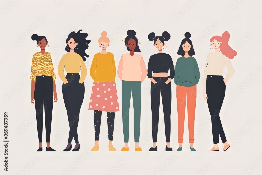 Fototapeta premium Diverse group of women standing together, showcasing unique styles and empowered unity.