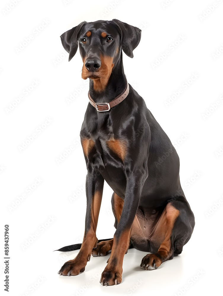 Doberman sitting in front of camera isolated on background Doberman sitting in front of camera isolated on background