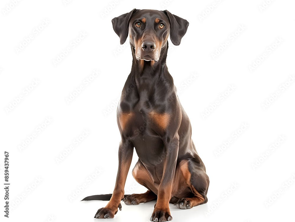Doberman sitting in front of camera isolated on background Doberman sitting in front of camera isolated on background