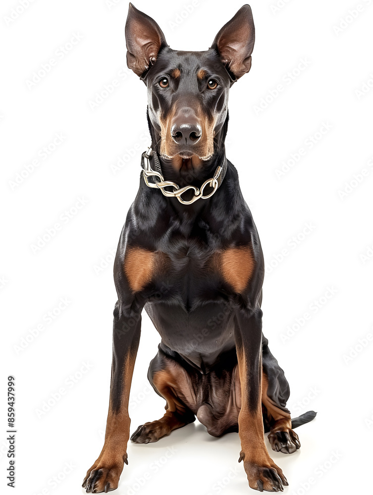 Doberman sitting in front of camera isolated on background Doberman sitting in front of camera isolated on background