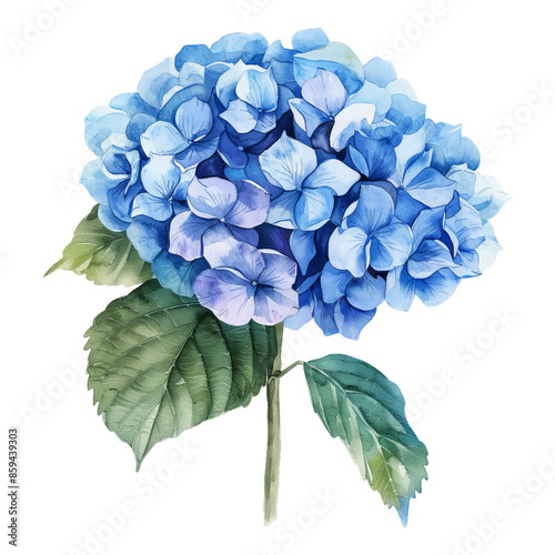 A blue flower Hydrangea with a green stem on transparent background. The flower is the main focus of the image